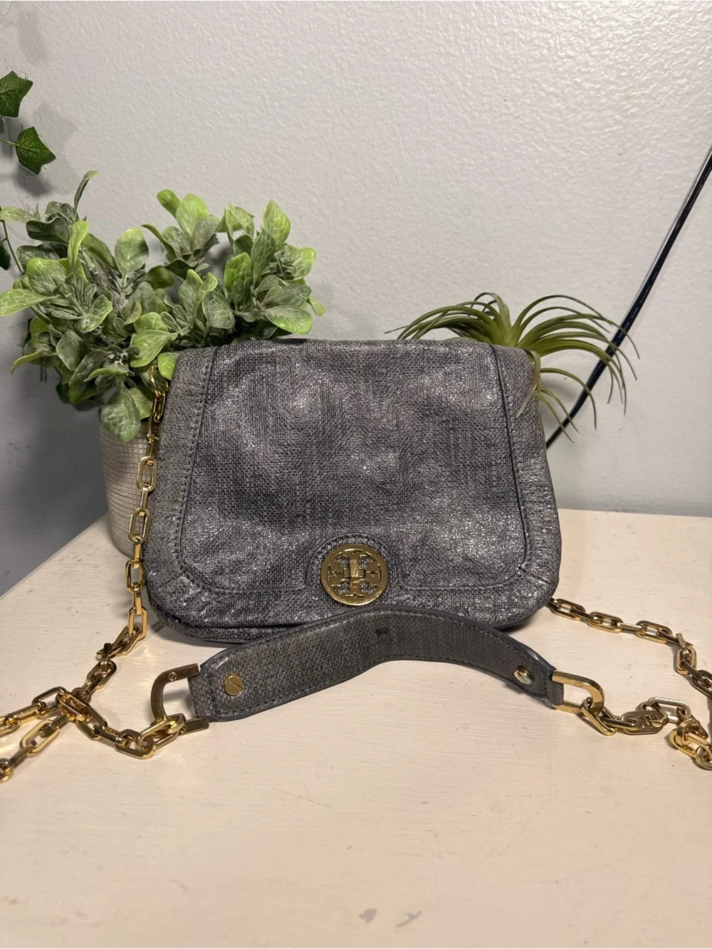 Tory Burch  Gray Crossbody with Gold Chain and turnlock
